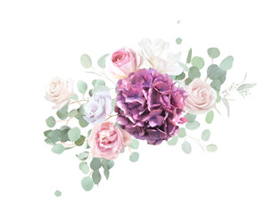 Muted purple hygrangea, white magnolia, blush roses, tulips, carnation, eucalyptus, sage greenery vector design spring bouquet. Floral summer watercolor wedding. Elements are isolated and editable © lavendertime