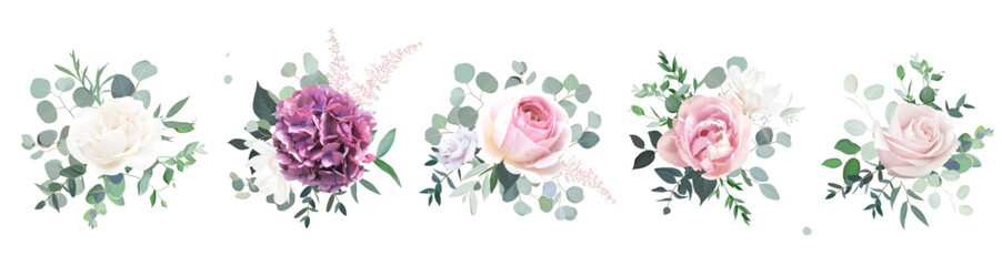 Muted purple hygrangea, white and blush roses, tulip, carnation, eucalyptus, sage greenery vector design spring bouquets. Floral summer watercolor wedding. Elements are isolated and editable © lavendertime