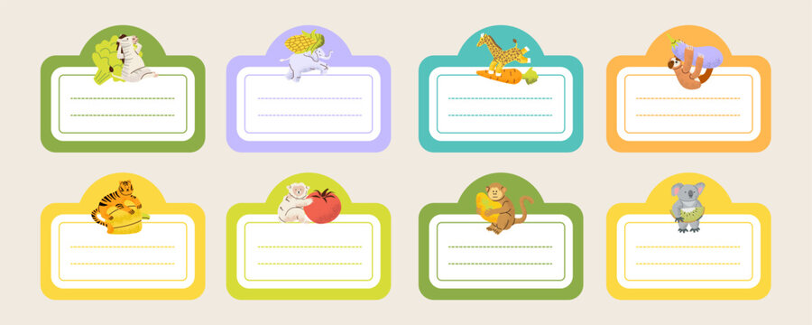 Cute kids name labels set with animals and vegetables. Colorful cartoon stickers for school supplies, nursery and baby products. Fun playful design for tags, badges and packaging.