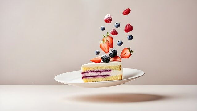 Surreal berry cake slice suspended in air with exploding fresh fruits minimalist dessert composition modern luxury food photography artwork