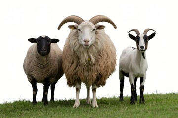 Fototapeta premium Three domestic animals, two sheep and one goat, standing together on green grass