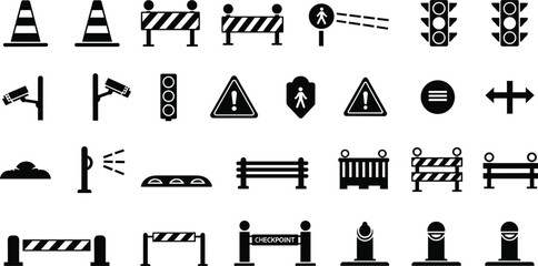Traffic and Road Safety Icon Set with Barriers, Traffic Lights, Road Signs, and Surveillance for Urban Planning and Transportation Systems © MD
