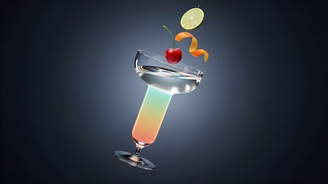 Levitating cocktail glass with cherry lime orange zest gradient drink in surreal luxury studio beverage photography summer refreshment