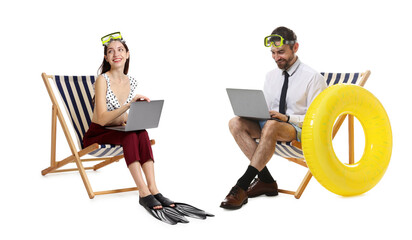 Office workers dreaming about vacation. Man and woman with diving masks, laptops, inflatable ring and swim flippers sitting in deckchairs on white background © New Africa