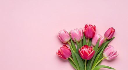 Obraz premium A stunning bouquet of vibrant tulips arranged against a soft pink backdrop, offering a delightful pop of color and natural beauty.