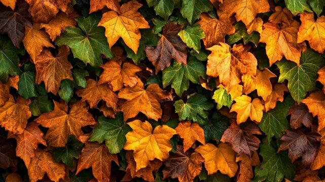 Close-up of rich varied autumn leaves texture. Vibrant fall colors create a beautiful decorative background. Nature pattern.