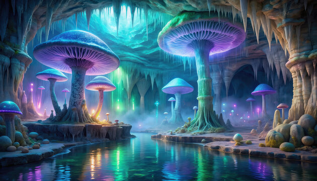 Deep underground cavern with glowing bioluminescent mushrooms
