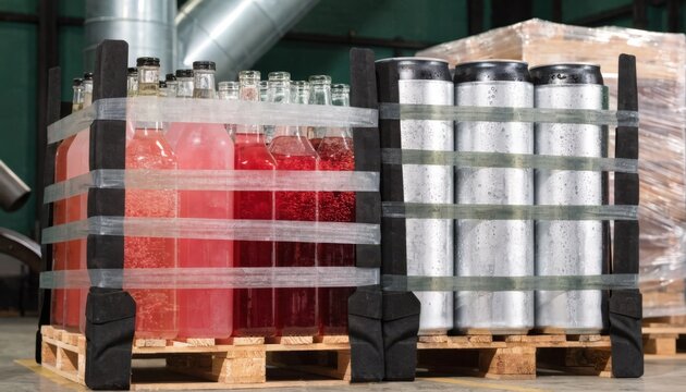 Medium shot showcasing products on pallets protected by corner guards and strong strapping bands emphasizing secure transportation preparation.
