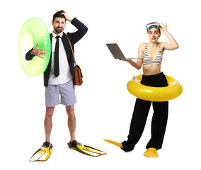 Office workers dreaming about vacation. Man and woman with inflatable rings, laptop and swim flippers on white background © New Africa