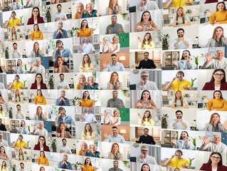 Naklejka premium Group video chat. Many people during online meeting, web camera view