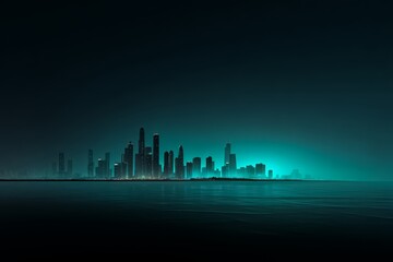 Fototapeta premium City skyline is shown in the background with a body of water in the foreground. The city is lit up at night