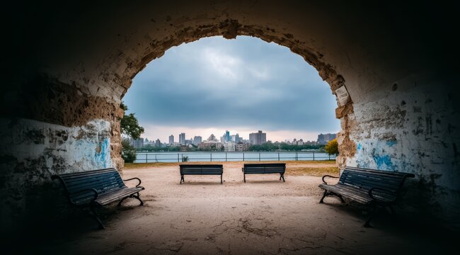 City view with a tunnel in the middle and three benches on the right side. The tunnel is open to the sky
