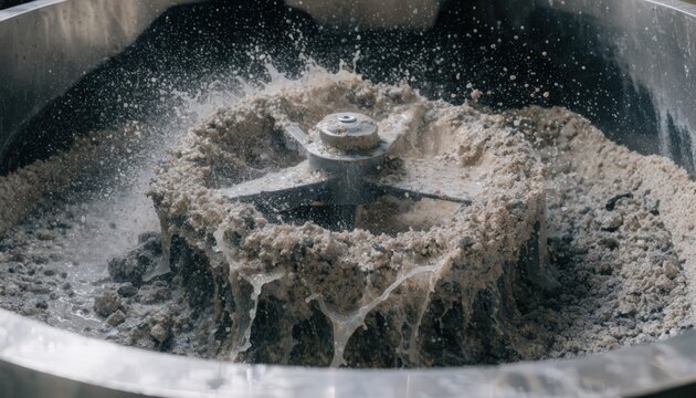 Medium shot showing dense refractory castable mixing process emphasizing thick mineral and water blending for robust highdensity monolithic lining applications.