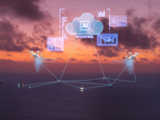 Networked drones coordinating offshore oil tanker vessels under ai control. Concept innovation...