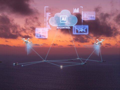Networked drones coordinating offshore oil tanker vessels under ai control. Concept innovation technology artificial intelligence for logistics.