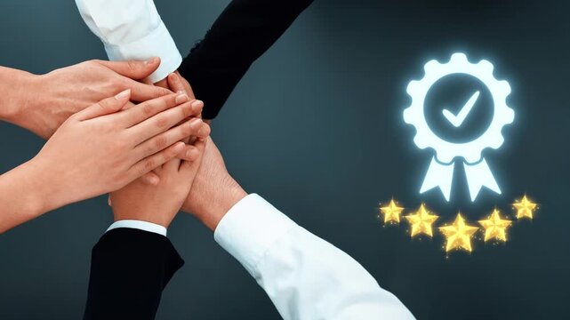 A united group of hands symbolizes teamwork and collaboration, featuring a quality badge with five stars, representing excellence and success in business endeavors. Raster