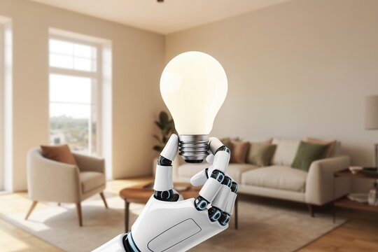 robot hand holding glowing light bulb in living room. Household electricity savings with AI