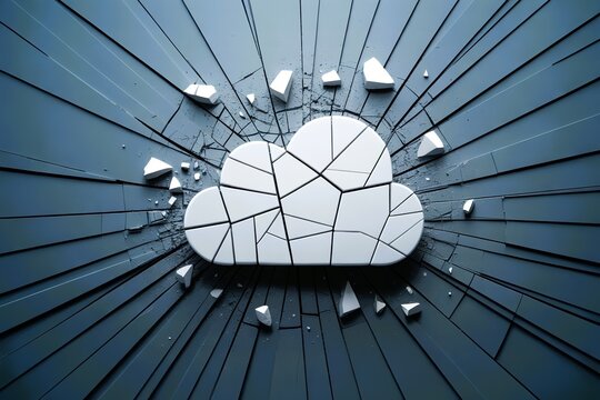 cracked broken cloud icon shattering. Cloud service failure outage