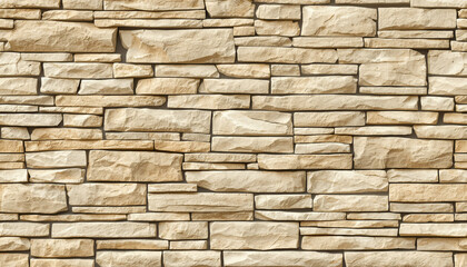 Fototapeta premium A rustic wall of precisely stacked light beige and tan natural stone provides an appealing architectural texture.