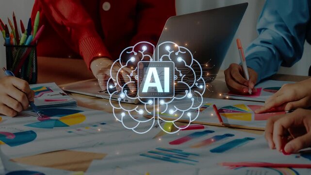 A dynamic group of professionals engaged in a collaborative brainstorming session, focusing on artificial intelligence concepts and data visualization strategies. Raster