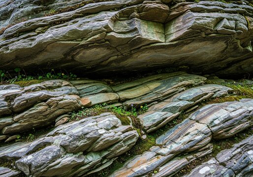 Layered rock face with moss and small plants growing in crevices