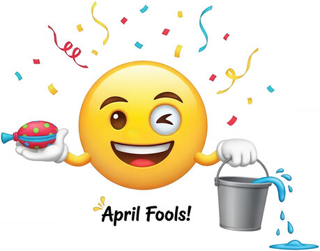 Happy Emoji png Winking Smiley cutout April Fools prank png Playful Character cutout Colorful Squirtgun png Spilling Bucket cutout Falling Confetti png Funny isolated transparent background image