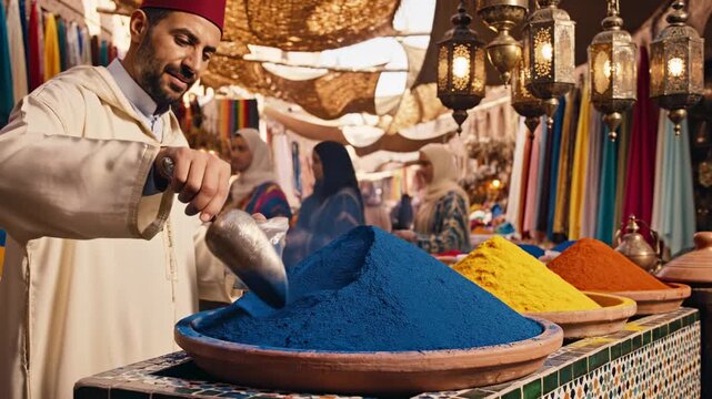 Merchant Selling Colorful Natural Pigment Powders at Local Market