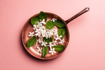 Copper Pan Filled with Fresh Flowers and Leaves