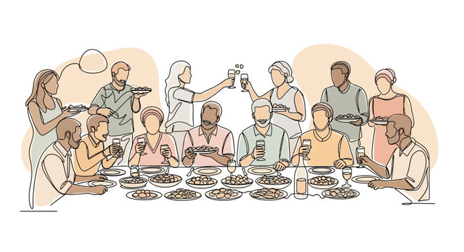 Diverse family and friends enjoying a celebratory meal together at a long table, toasting.