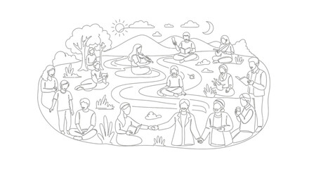 Obraz premium Diverse Group Meditating Outdoors, Serene Landscape with People, Nature, Spirituality