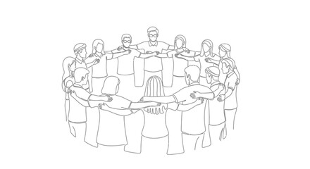 Obraz premium Diverse group of people forming a circle, embracing, unity, teamwork, community