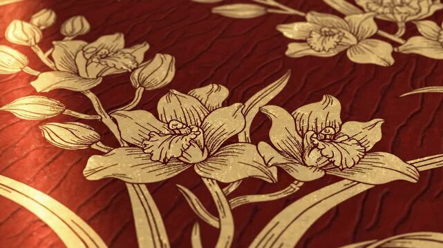 Orchid Gold Floral Pattern on a Dark Red Luxury Velvet Texture