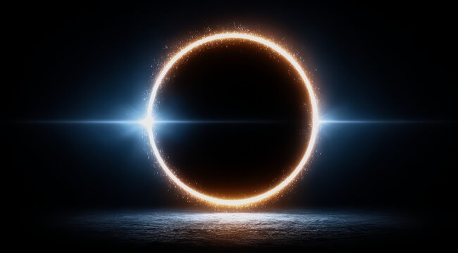 Large black circle with a bright orange center. The circle is surrounded by a blue light. The image has a mysterious