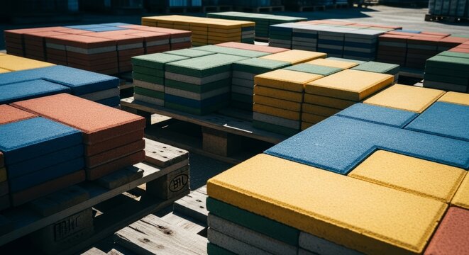 Colorful interlocking paver tiles stacked on wooden pallets outdoors