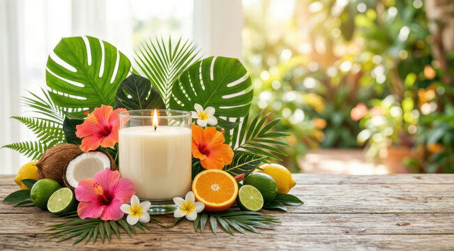Candela profumata circondata da fiori tropicali, agrumi e foglie di palma su legno. Generative AI 