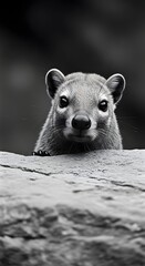 An up-close and personal, high-contrast black-and-white portrait of a captivating rock hyrax peering over a stone, revealing its endearing and inquisitive nature. 