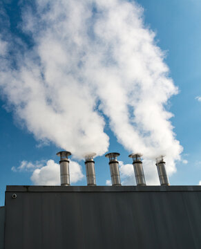Canada, BC, Vancouver.  Steam vents atop pressure regulation structure.  Part of the River District low-carbon, steam energy system.