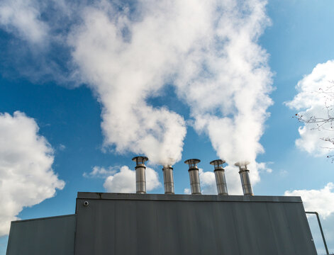 Canada, BC, Vancouver.  Steam vents atop pressure regulation structure.  Part of the River District low-carbon, steam energy system.