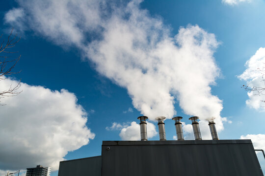 Canada, BC, Vancouver.  Steam vents atop pressure regulation structure.  Part of the River District low-carbon, steam energy system.