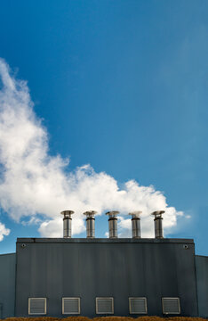 Canada, BC, Vancouver.  Steam vents atop pressure regulation structure.  Part of the River District low-carbon, steam energy system.