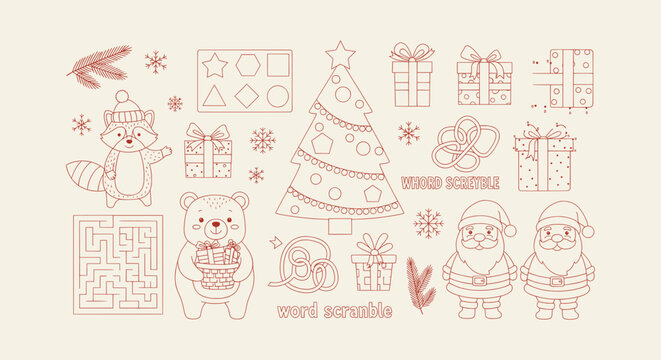 Christmas Activity Sheet for Kids with Maze Word Scramble Coloring Page Santa Bear Raccoon Puzzles