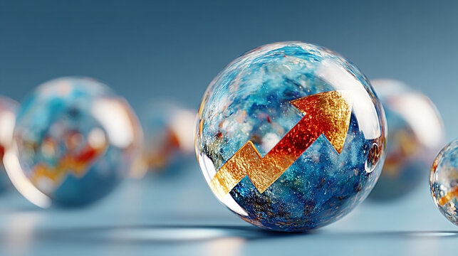 Crystal ball reflecting upward arrow forecasting prediction future growth strategy concept, 3d render illustration