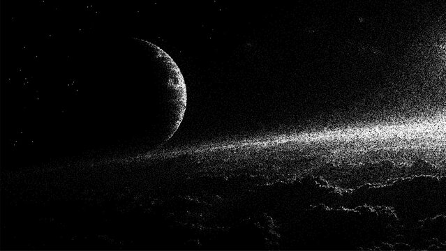 Crescent moon over planet surface depicted in stipple art style. Cosmic landscape with dark outer space and stars. Abstract celestial scene created with vector dot shading technique.