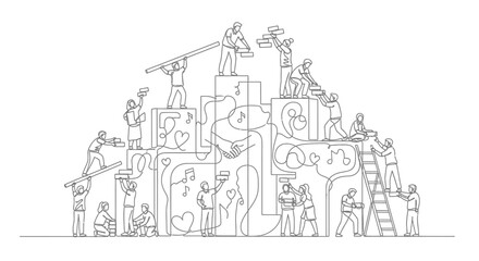 Fototapeta premium Teamwork building a complex structure with human figures and heart symbols