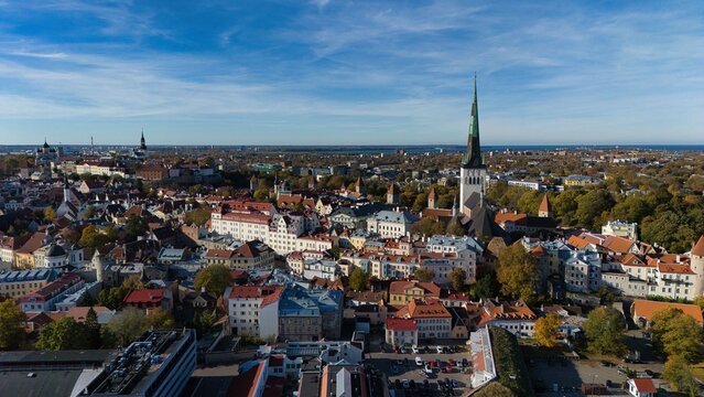 Drone View of Tallinn Old Town and St Olaf Church in Autumn