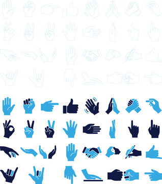 Collection of hand gesture icons in outline and solid filled styles on white.