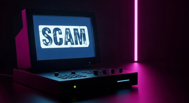 Vintage computer with scam alert on screen in dark neon setting