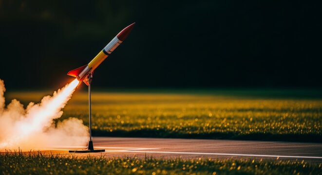 Colorful rocket launching on outdoor track at sunset