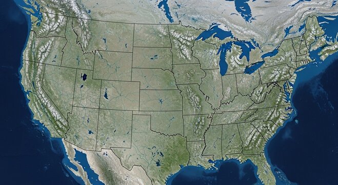 Satellite view map of the contiguous united states with state borders