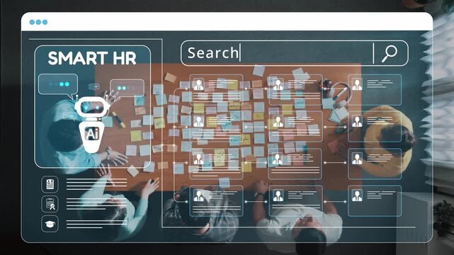 Futuristic workspace showcasing AI technology in human resources management, featuring team collaboration and dynamic workflow analysis for innovative solutions. Raster